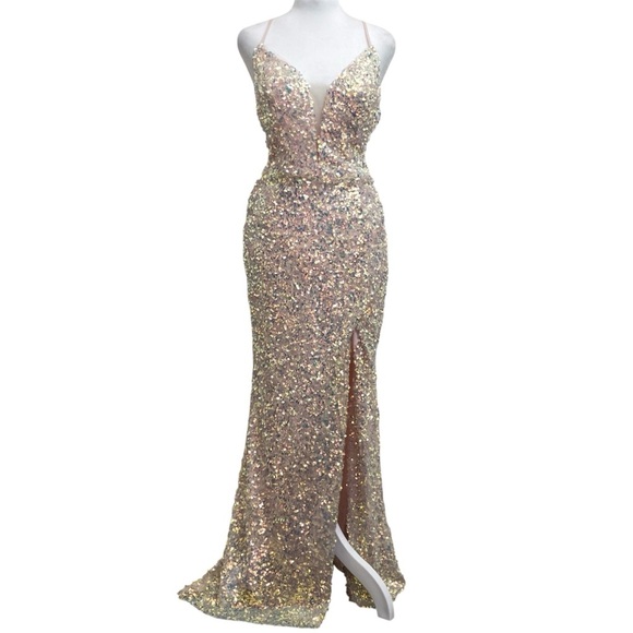Cinderella Divine Blush Rose Gold Sequin Open Back Formal Maxi Dress - Picture 1 of 16